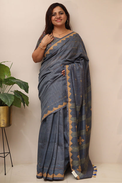 Bluish Grey Cotton Tussar Saree With Kantha Hand Applique Work - Luxurion World
