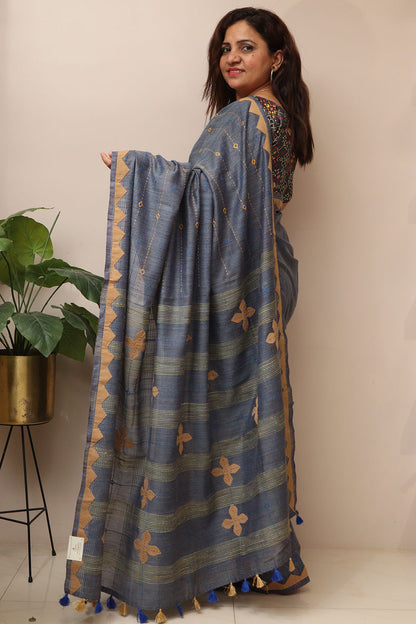 Bluish Grey Cotton Tussar Saree With Kantha Hand Applique Work - Luxurion World