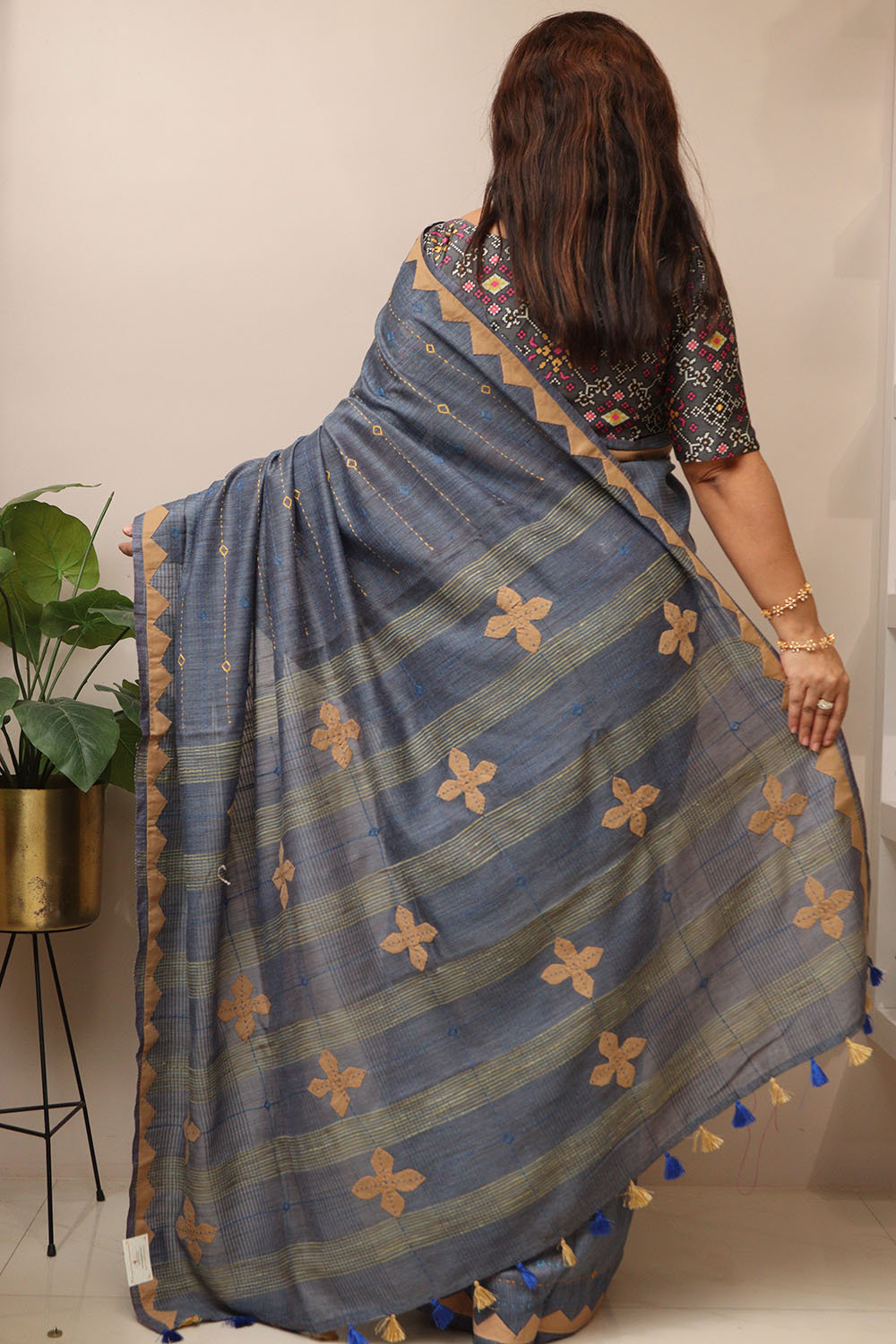 Bluish Grey Cotton Tussar Saree With Kantha Hand Applique Work - Luxurion World