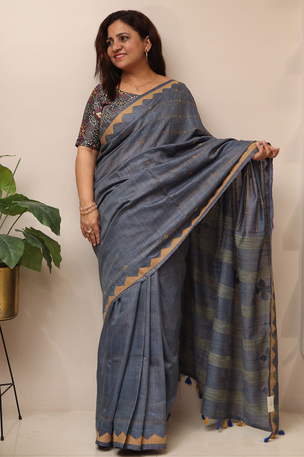 Bluish Grey Cotton Tussar Saree With Kantha Hand Applique Work - Luxurion World