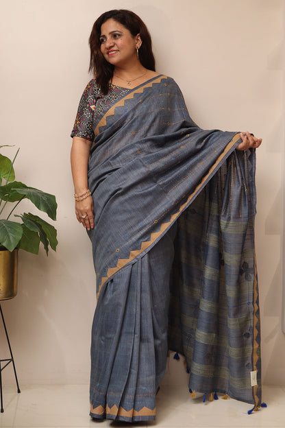 Bluish Grey Cotton Tussar Saree With Kantha Hand Applique Work - Luxurion World