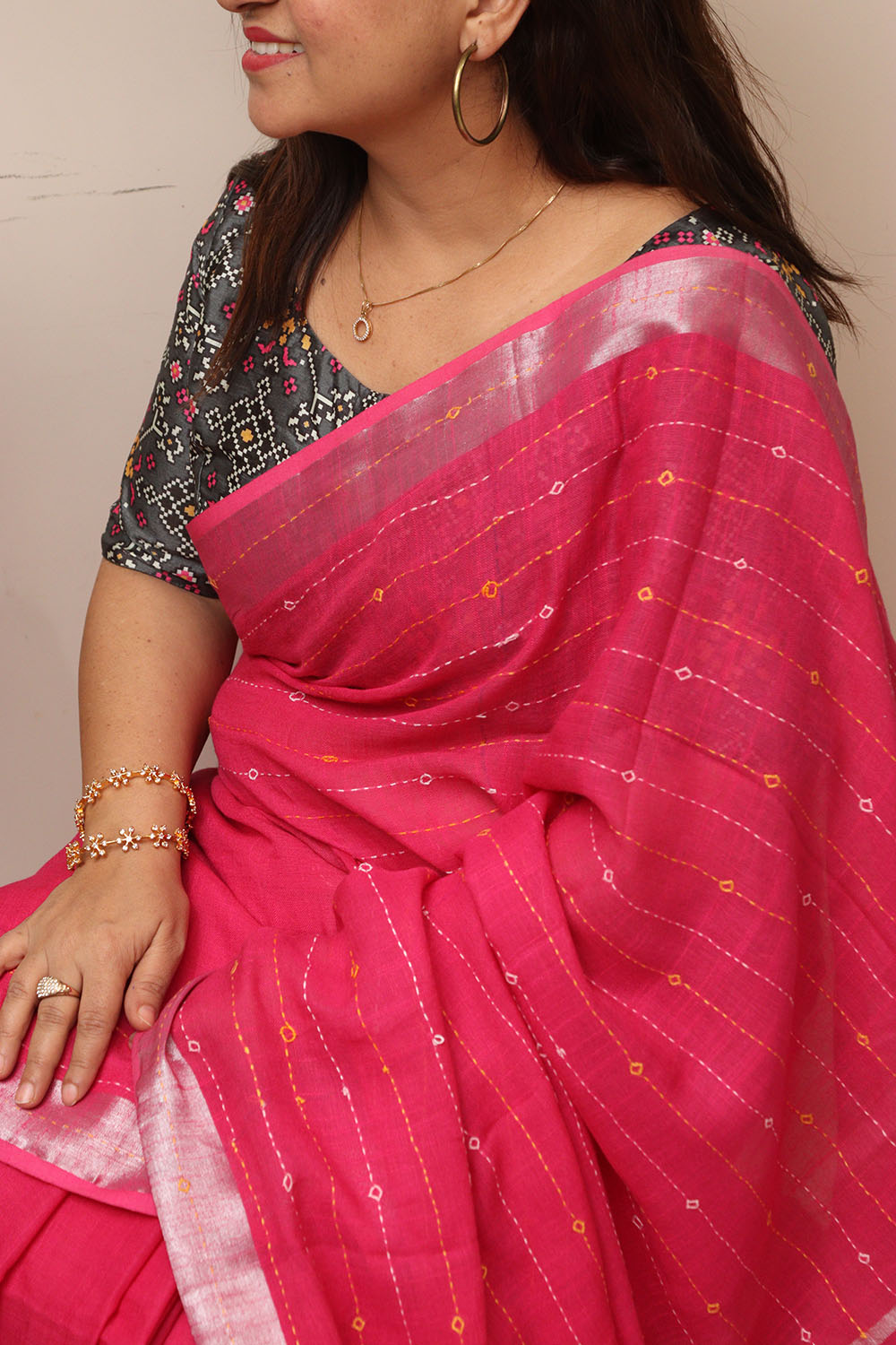 Pink Cotton Tussar Saree With Kantha Hand Applique Work - Luxurion World