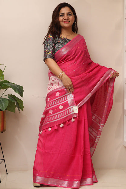 Pink Cotton Tussar Saree With Kantha Hand Applique Work - Luxurion World