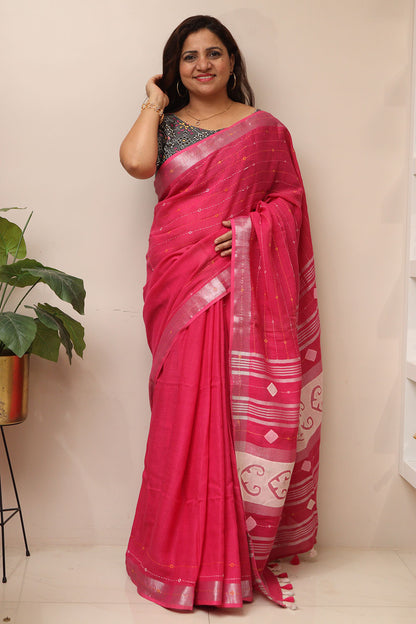 Pink Cotton Tussar Saree With Kantha Hand Applique Work - Luxurion World