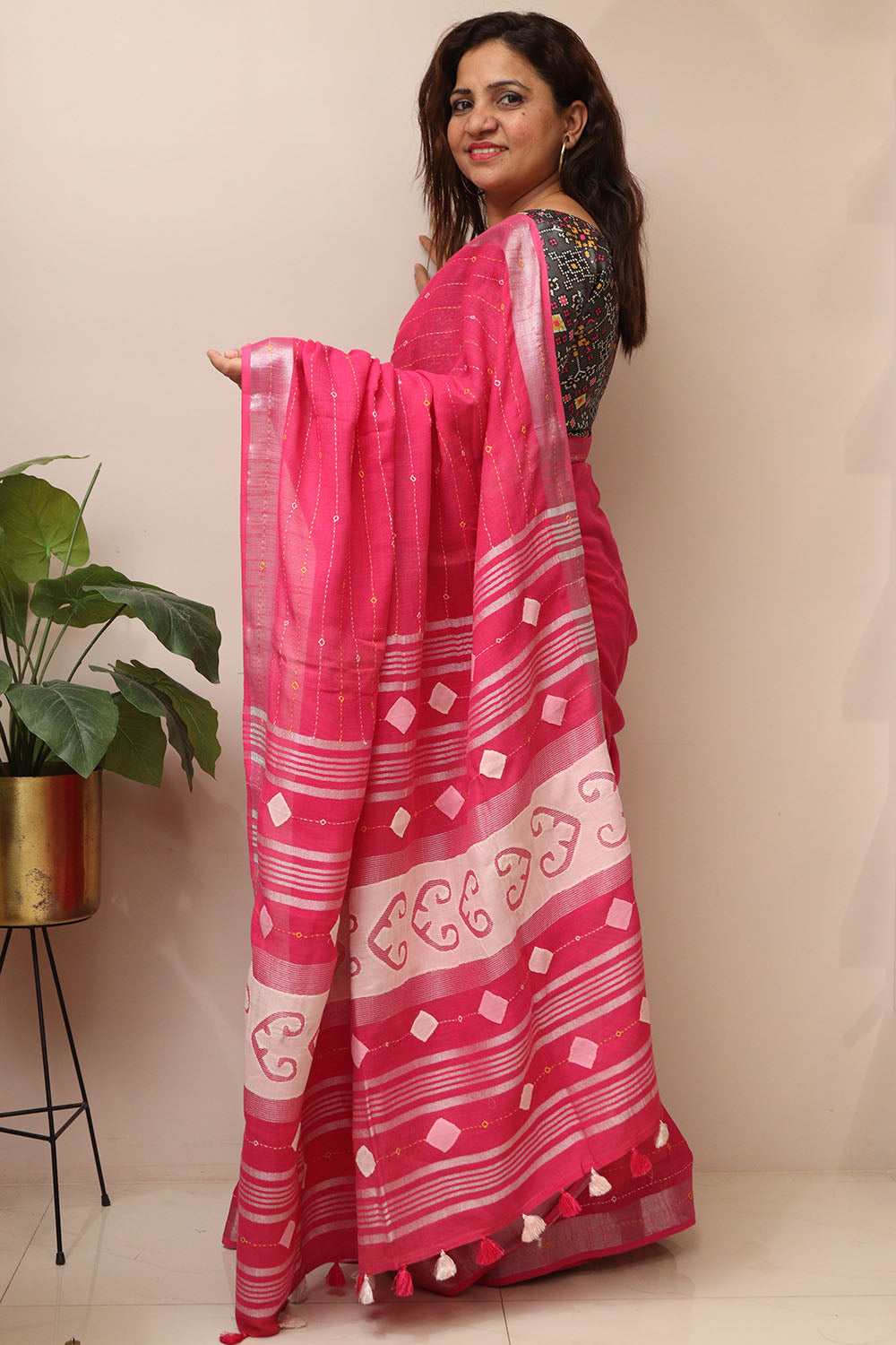 Pink Cotton Tussar Saree With Kantha Hand Applique Work - Luxurion World