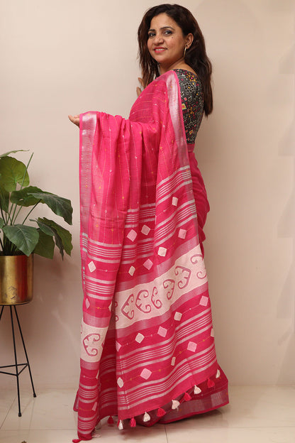Pink Cotton Tussar Saree With Kantha Hand Applique Work - Luxurion World