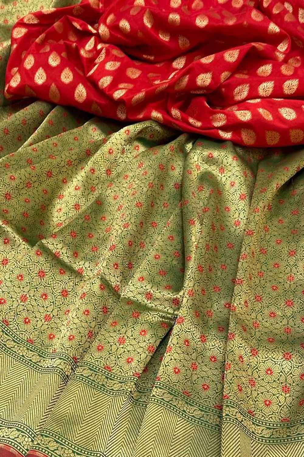 Green And Red Banarasi Handloom Pure Katan Silk Meenakari Saree - Luxurion World