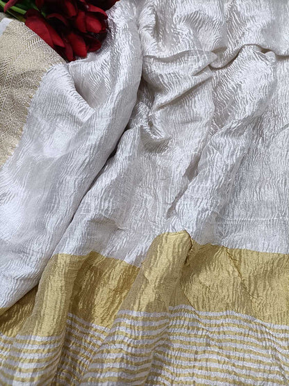 Exquisite Dyeable Handloom Banarasi Pure Tissue Silk Crushed Saree - Luxurion World