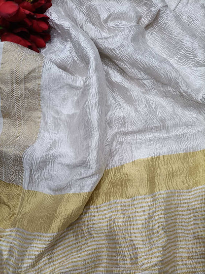 Exquisite Dyeable Handloom Banarasi Pure Tissue Silk Crushed Saree - Luxurion World