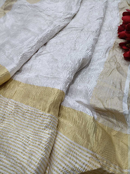 Exquisite Dyeable Handloom Banarasi Pure Tissue Silk Crushed Saree - Luxurion World