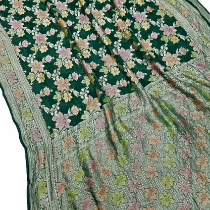 Green Banarasi Georgette Saree: Handloom Brush Dyed - Luxurion World