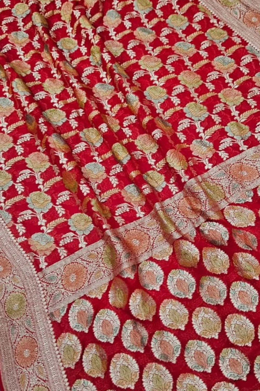 Stunning Red Banarasi Handloom Georgette Saree - Luxurion World