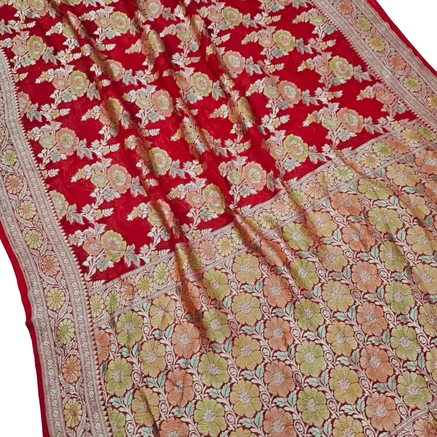 Stunning Red Banarasi Georgette Saree with Brush Dye - Luxurion World