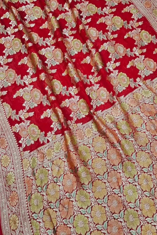 Stunning Red Banarasi Georgette Saree with Brush Dye - Luxurion World