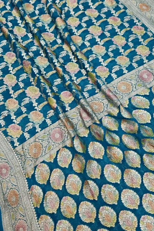 Blue Banarasi Handloom Georgette Saree with Brush Dye - Luxurion World