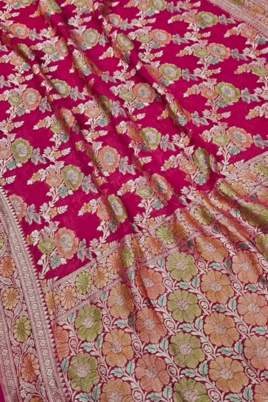 Exquisite Pink Banarasi Georgette Saree with Brush Dye