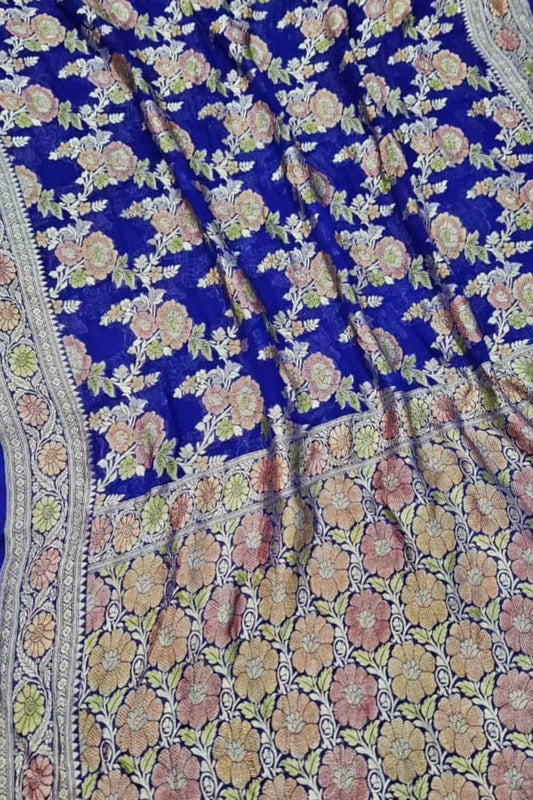 Blue Banarasi Georgette Saree with Brush Dyed Design - Luxurion World