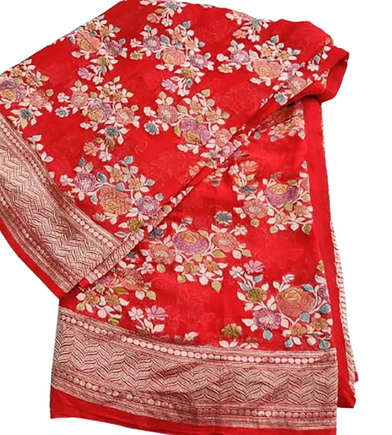Exquisite Red Handloom Banarasi Pure Georgette Brush Dye Saree - Luxurion World