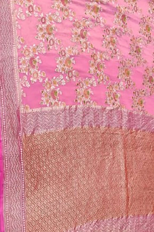 Exquisite Pink Handloom Banarasi Pure Georgette Brush Dye Saree - Luxurion World