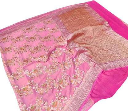 Exquisite Pink Handloom Banarasi Pure Georgette Brush Dye Saree - Luxurion World