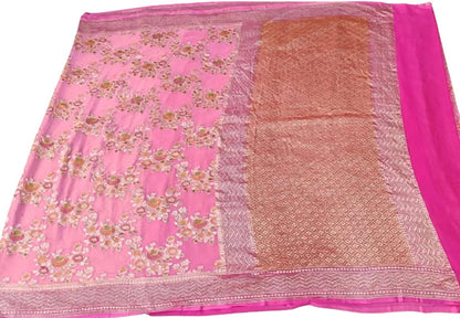 Exquisite Pink Handloom Banarasi Pure Georgette Brush Dye Saree - Luxurion World
