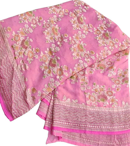 Exquisite Pink Handloom Banarasi Pure Georgette Brush Dye Saree - Luxurion World
