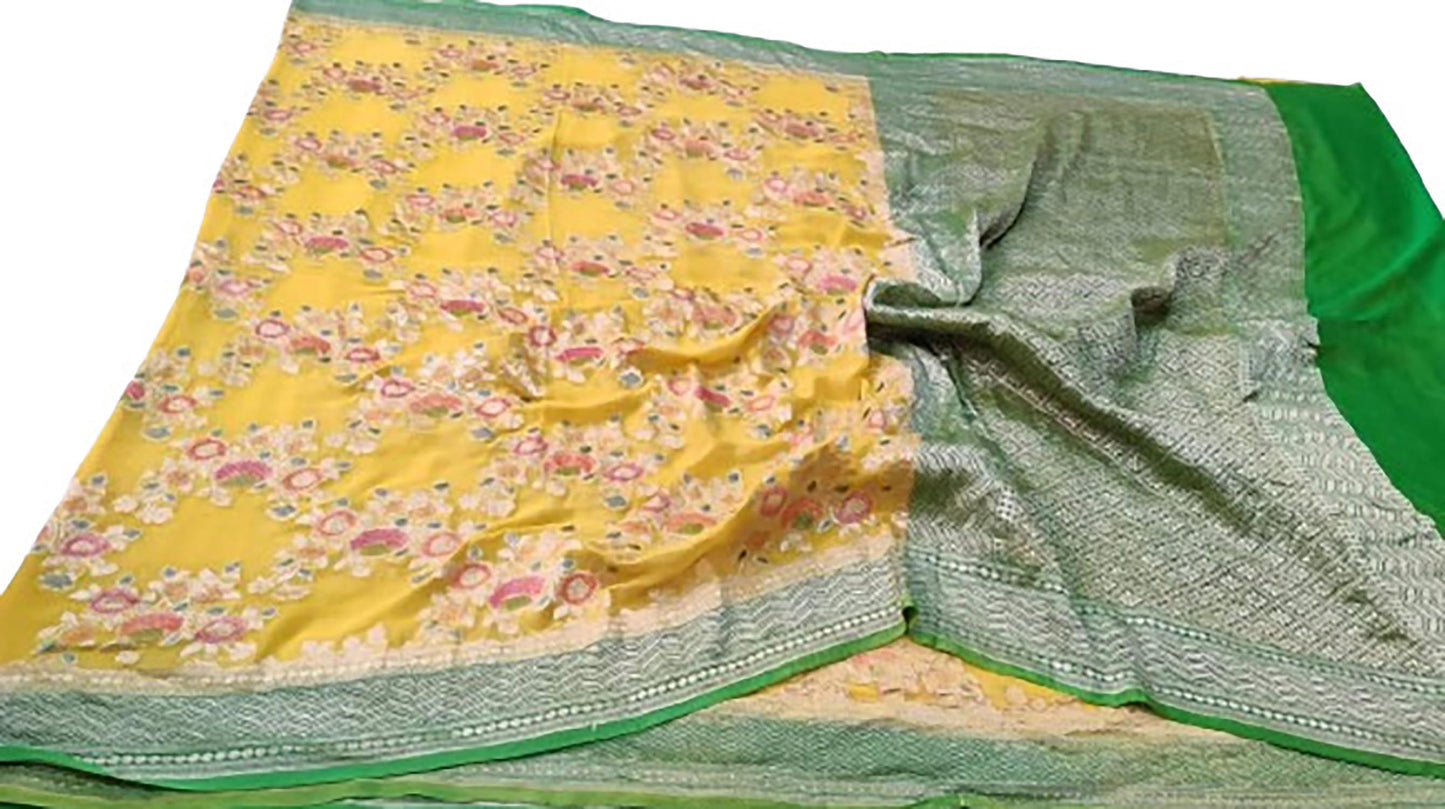 Vibrant Yellow Handloom Banarasi Pure Georgette Brush Dye Saree - Luxurion World