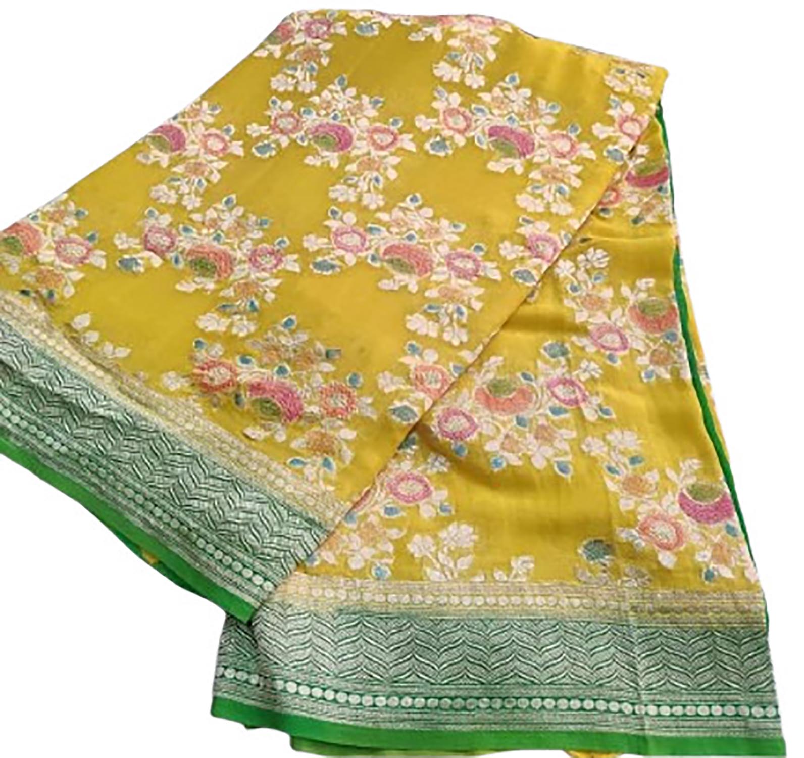 Vibrant Yellow Handloom Banarasi Pure Georgette Brush Dye Saree - Luxurion World