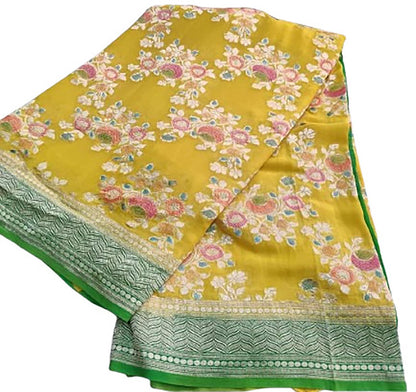Vibrant Yellow Handloom Banarasi Pure Georgette Brush Dye Saree - Luxurion World