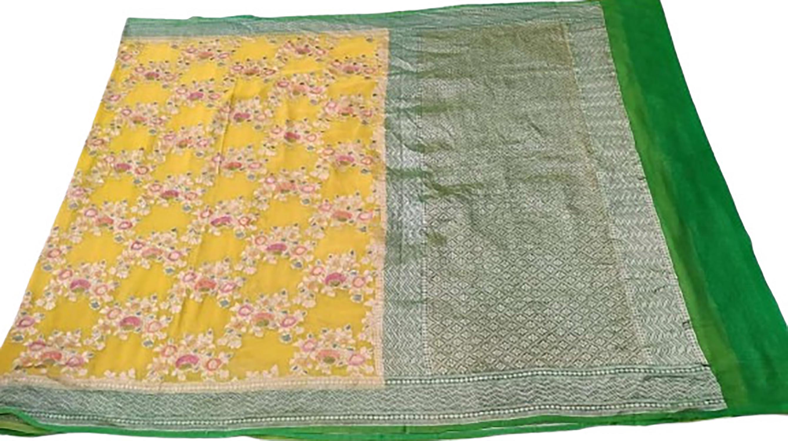 Vibrant Yellow Handloom Banarasi Pure Georgette Brush Dye Saree - Luxurion World