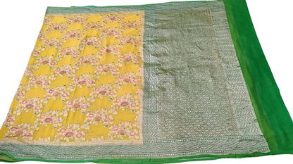 Vibrant Yellow Handloom Banarasi Pure Georgette Brush Dye Saree - Luxurion World