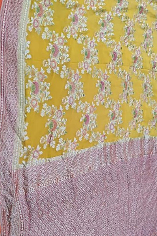 Vibrant Yellow Handloom Banarasi Pure Georgette Brush Dye Saree - Luxurion World