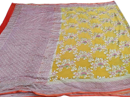 Vibrant Yellow Handloom Banarasi Pure Georgette Brush Dye Saree - Luxurion World