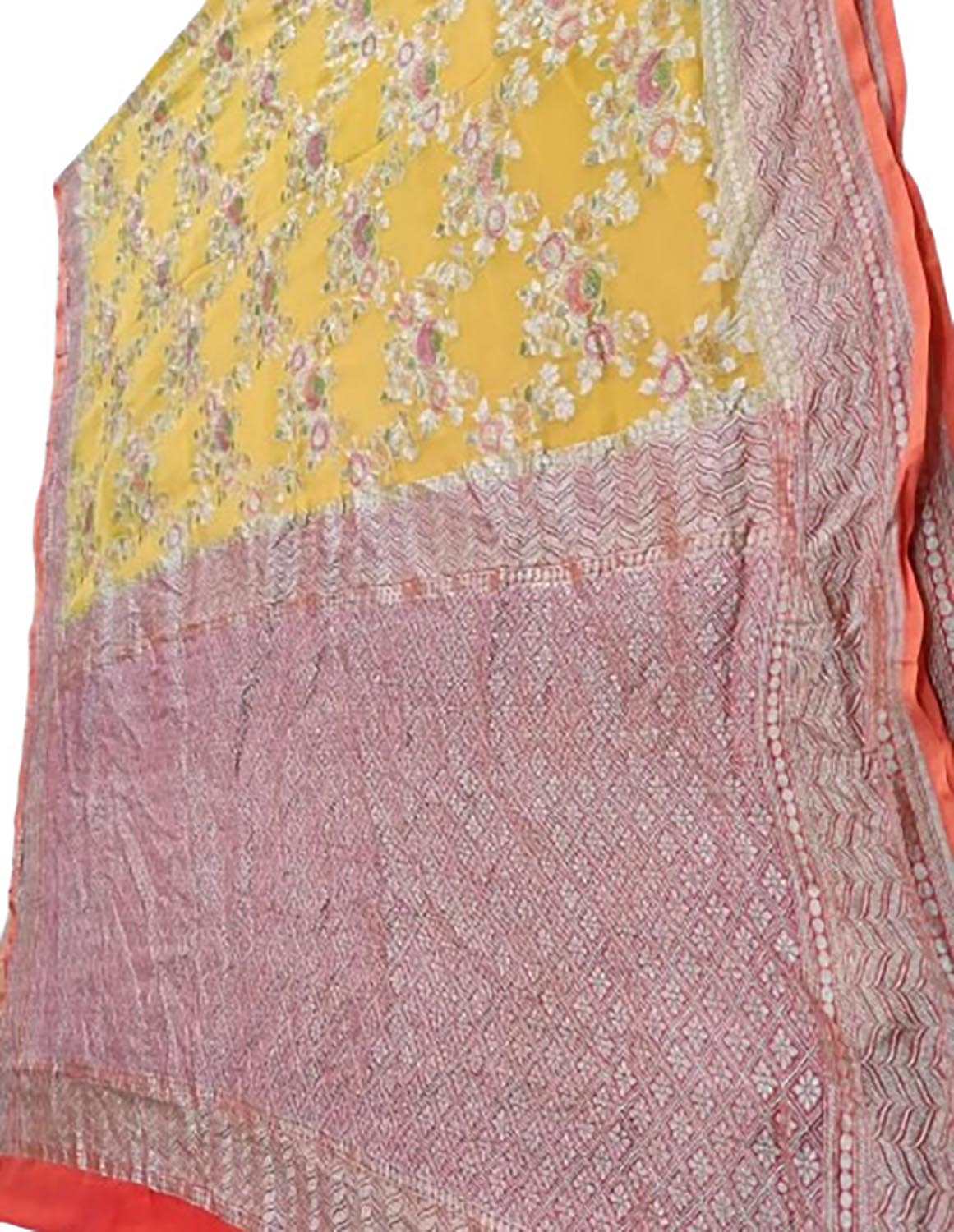 Vibrant Yellow Handloom Banarasi Pure Georgette Brush Dye Saree - Luxurion World