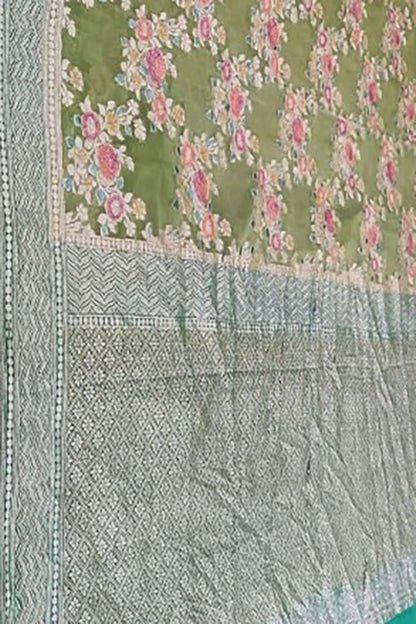 Exquisite Green Handloom Banarasi Pure Georgette Brush Dye Saree - Luxurion World