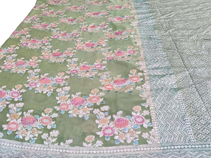 Exquisite Green Handloom Banarasi Pure Georgette Brush Dye Saree - Luxurion World