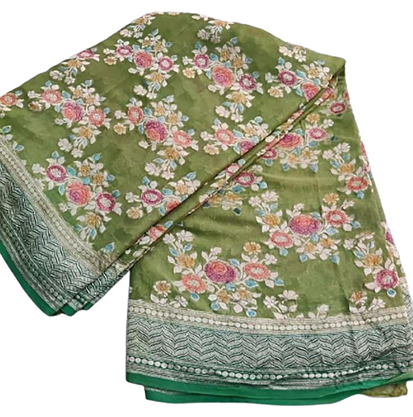 Exquisite Green Handloom Banarasi Pure Georgette Brush Dye Saree - Luxurion World
