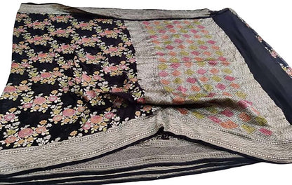 Exquisite Black Handloom Banarasi Pure Georgette Brush Dye Saree - Luxurion World