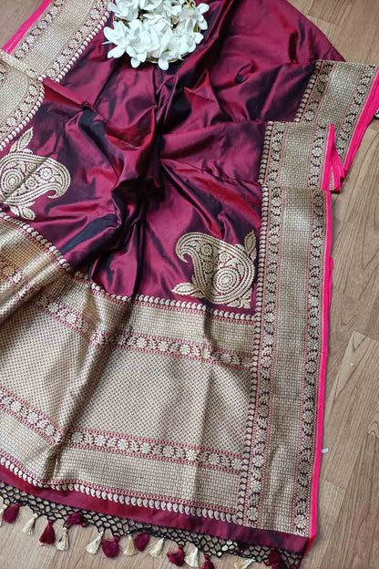 Exquisite Maroon Handloom Banarasi Katan Silk Saree - Luxurion World