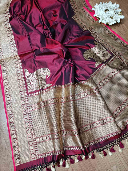Exquisite Maroon Handloom Banarasi Katan Silk Saree - Luxurion World