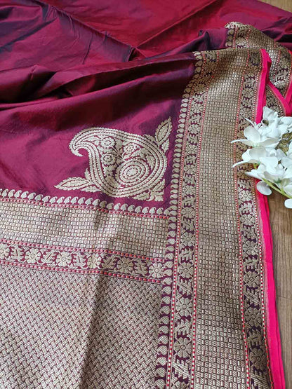 Exquisite Maroon Handloom Banarasi Katan Silk Saree - Luxurion World