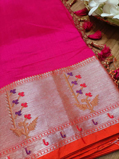 Exquisite Pink Banarasi Chiniya Silk Saree with Paithani Border - Luxurion World