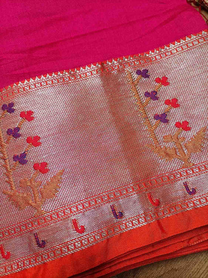 Exquisite Pink Banarasi Chiniya Silk Saree with Paithani Border - Luxurion World