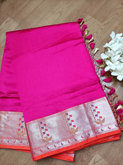Exquisite Pink Banarasi Chiniya Silk Saree with Paithani Border - Luxurion World