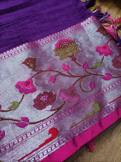 Elegant Purple Banarasi Chiniya Silk Saree with Paithani Border - Luxurion World