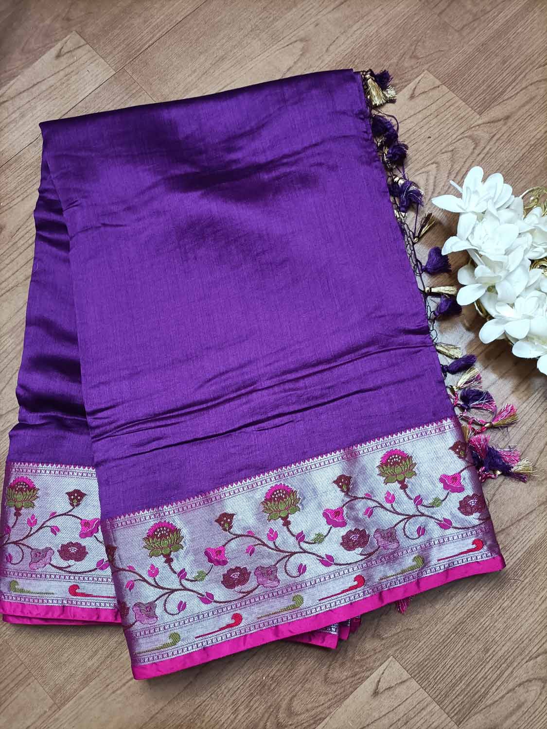 Elegant Purple Banarasi Chiniya Silk Saree with Paithani Border - Luxurion World