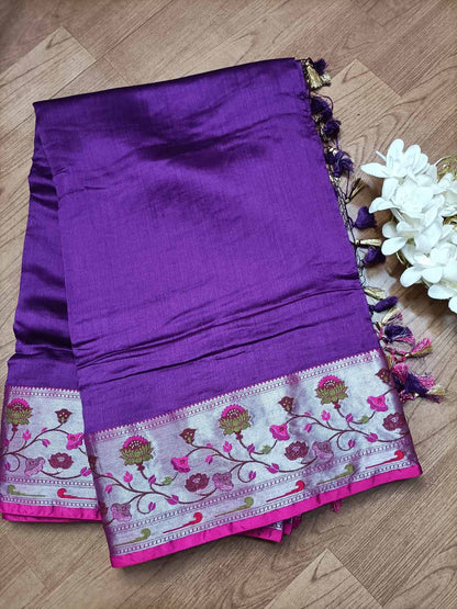 Elegant Purple Banarasi Chiniya Silk Saree with Paithani Border - Luxurion World