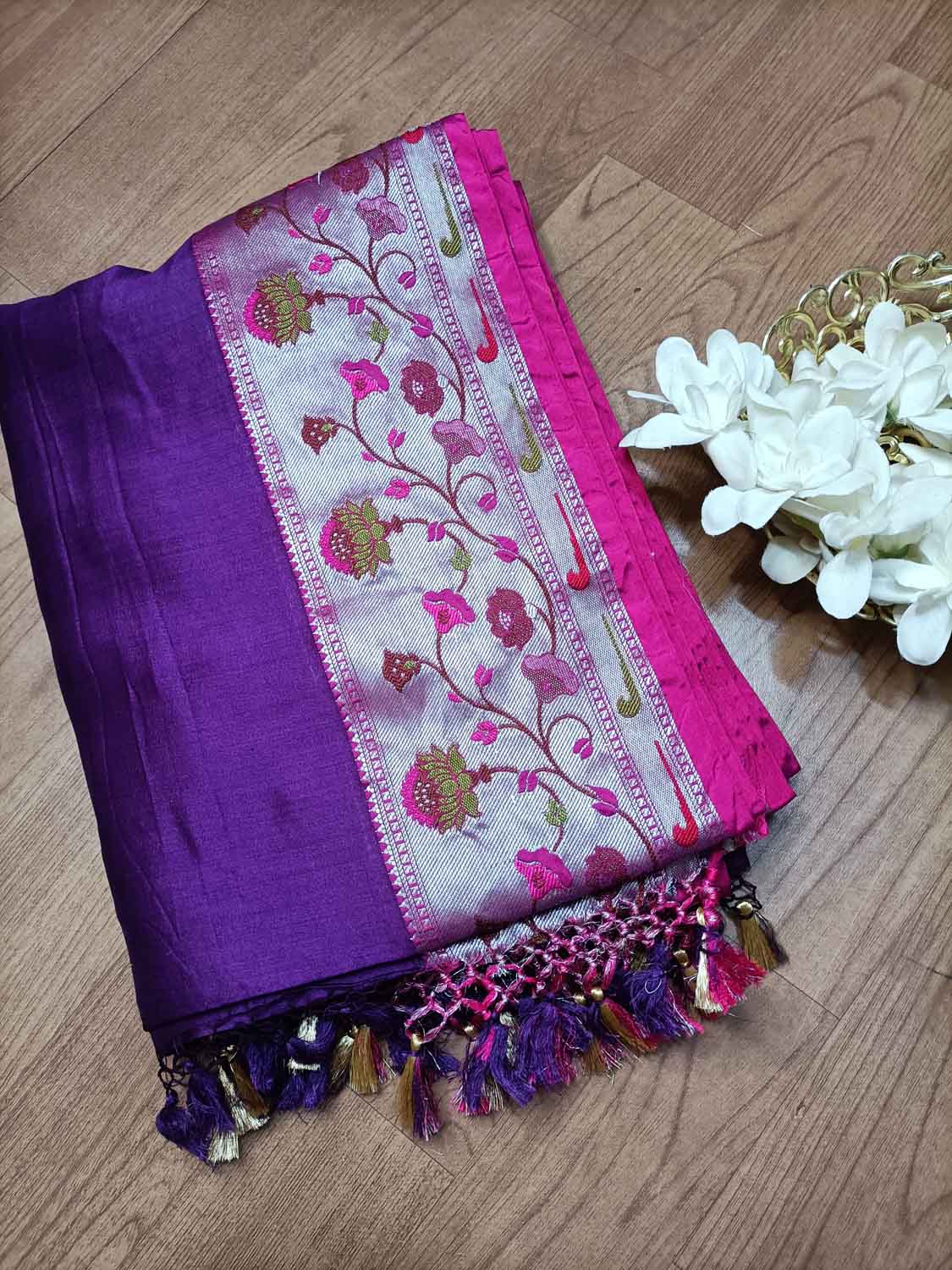 Elegant Purple Banarasi Chiniya Silk Saree with Paithani Border - Luxurion World