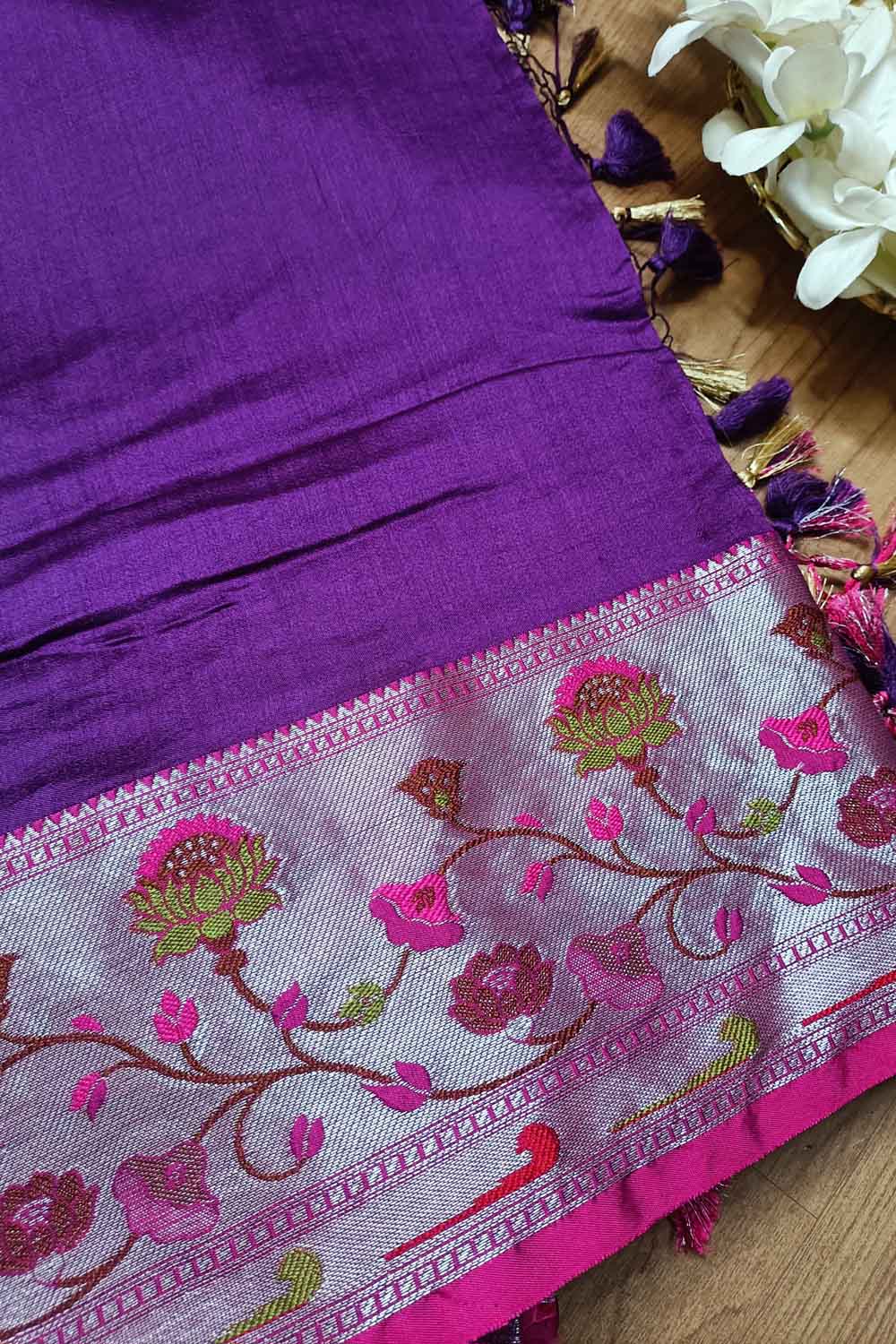 Elegant Purple Banarasi Chiniya Silk Saree with Paithani Border - Luxurion World