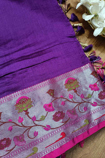 Elegant Purple Banarasi Chiniya Silk Saree with Paithani Border - Luxurion World